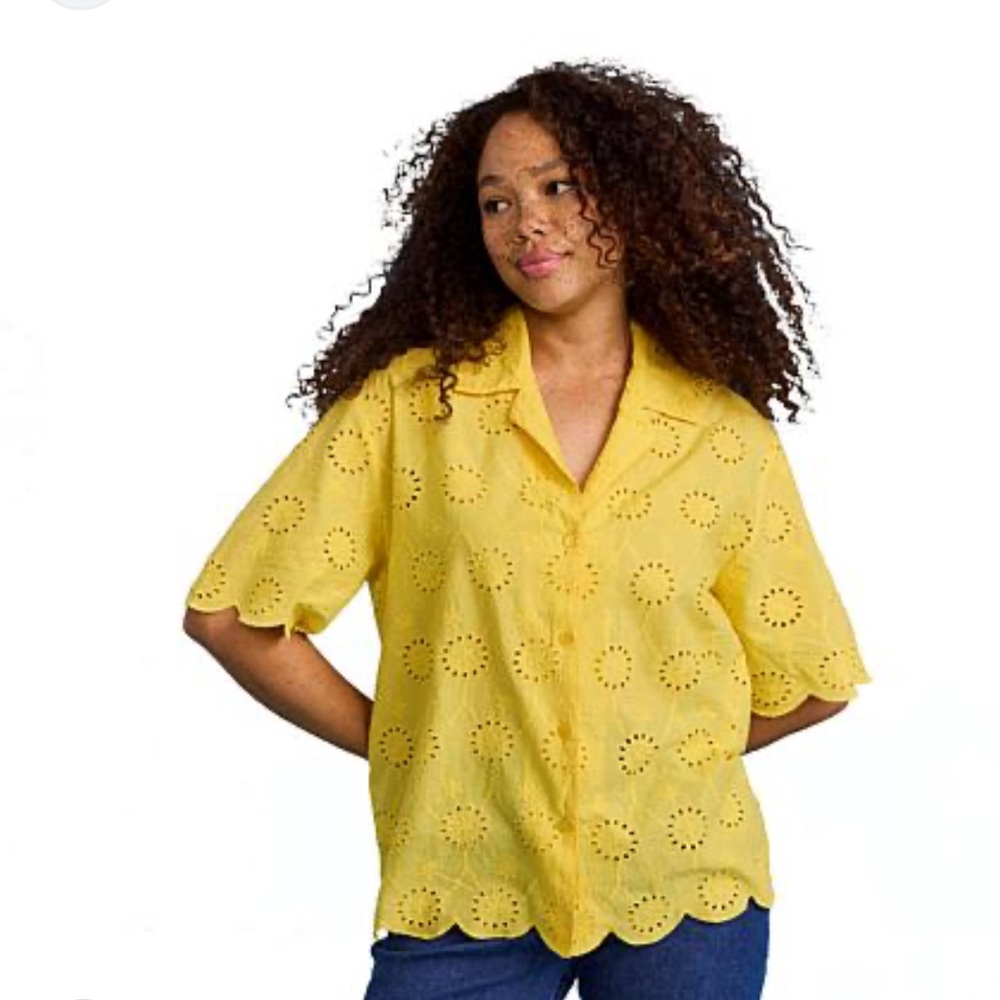 Hue Yellow button down eyelet top with scallop trim.